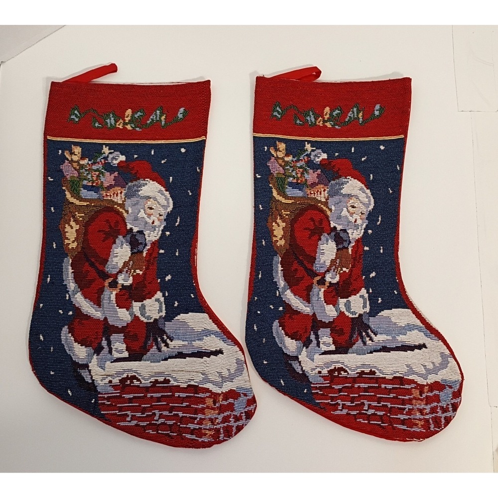 Vintage Tapestry Christmas Stocking Santa Clause Going Down The Chimney Lot of 2